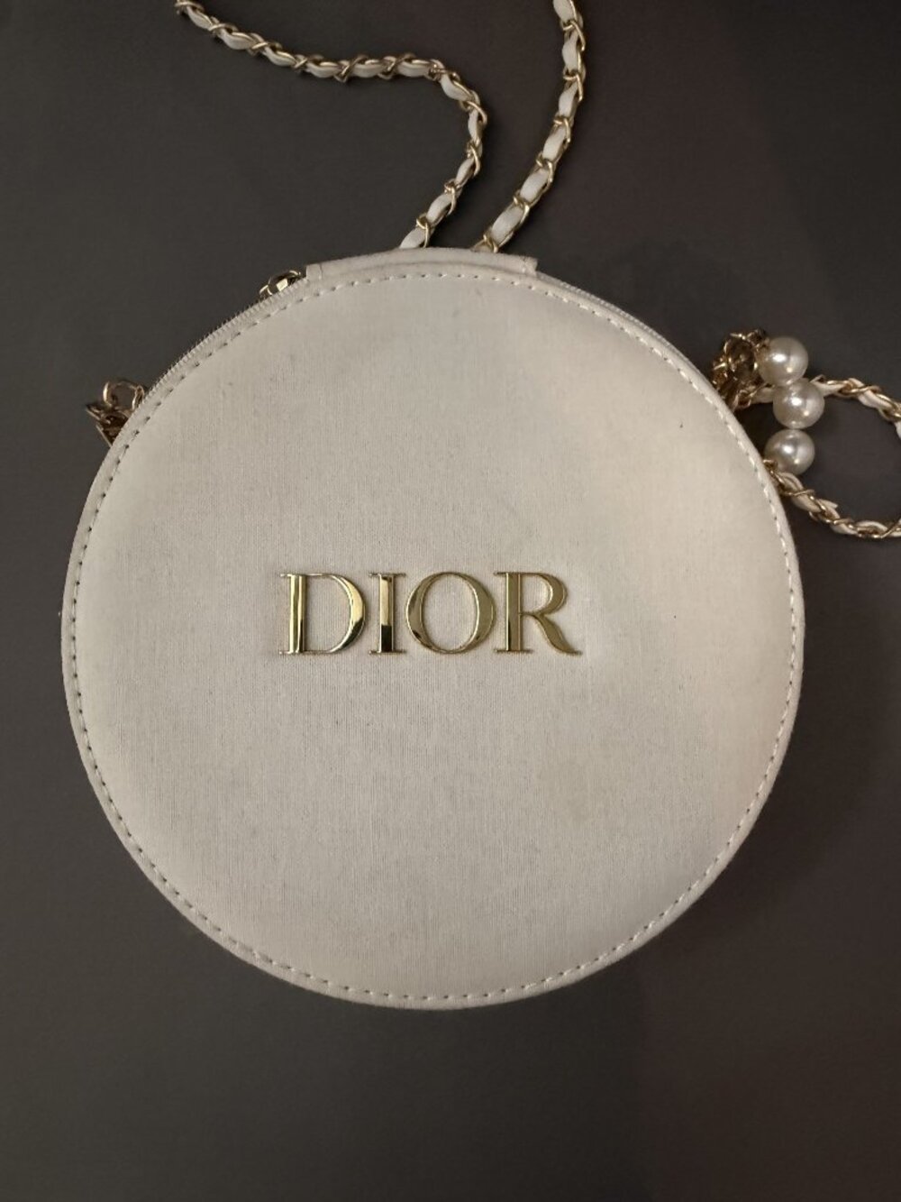 Round White Crossbody Bag With Pearl & Gold Chain Strap Recycled Cotton Interior